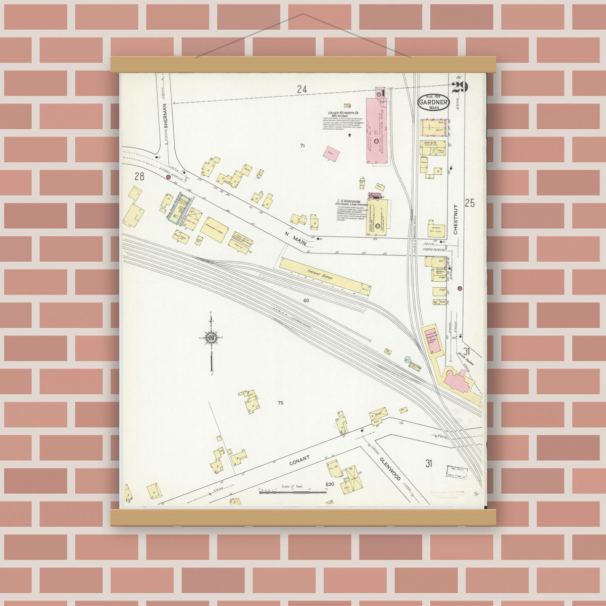 Old map wall art mockup — magnetic wood frame on brick wall — Sanborn Fire Insurance Map from Gardner, Worcester County, Massachusetts (1914), Sheet #0029