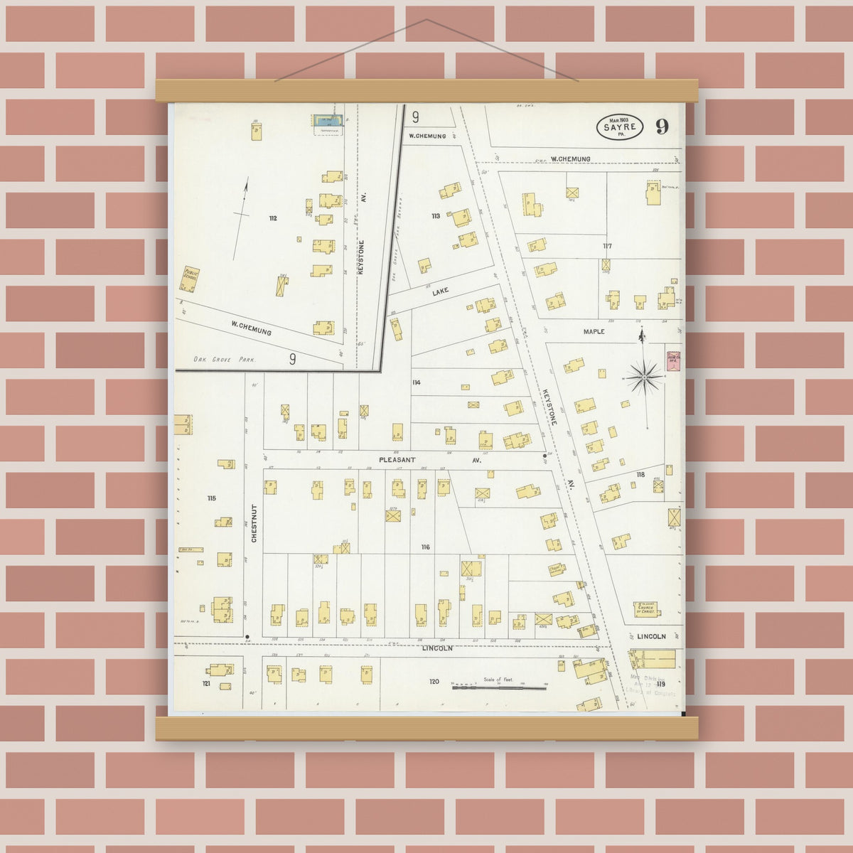 Old map wall art mockup — magnetic wood frame on brick wall — Sanborn Fire Insurance Map from Sayre, Bradford County, Pennsylvania (1903), Sheet #0009