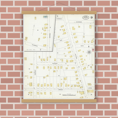 Old map wall art mockup — magnetic wood frame on brick wall — Sanborn Fire Insurance Map from Sayre, Bradford County, Pennsylvania (1903), Sheet #0009