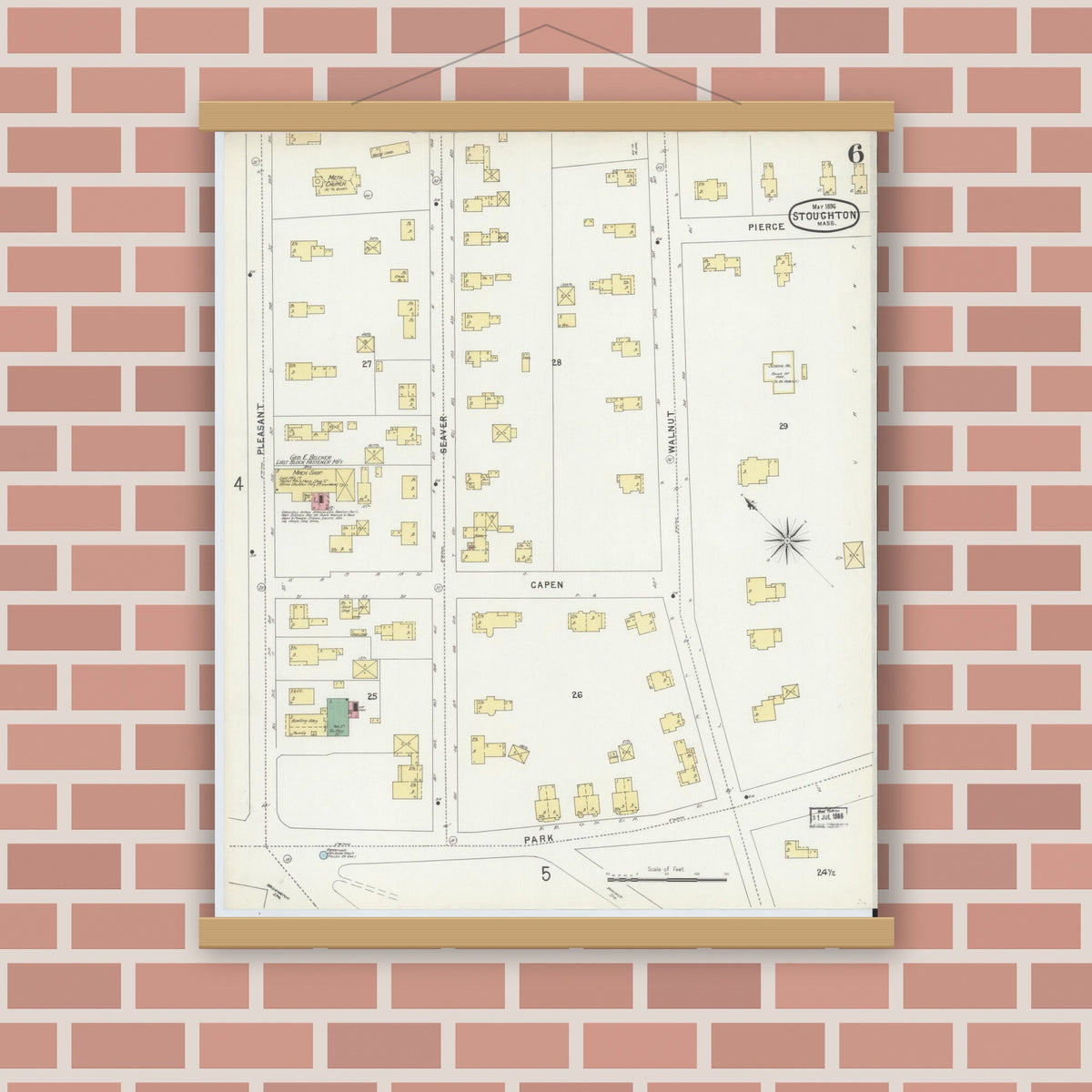 Old map wall art mockup — magnetic wood frame on brick wall — Sanborn Fire Insurance Map from Stoughton, Norfolk County, Massachusetts (1896), Sheet #0006