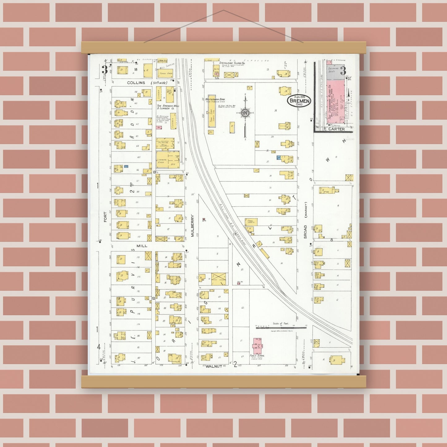 Old map wall art mockup — magnetic wood frame on brick wall — Sanborn Fire Insurance Map from Bremen, Fairfield County, Ohio (1926), Sheet #0003