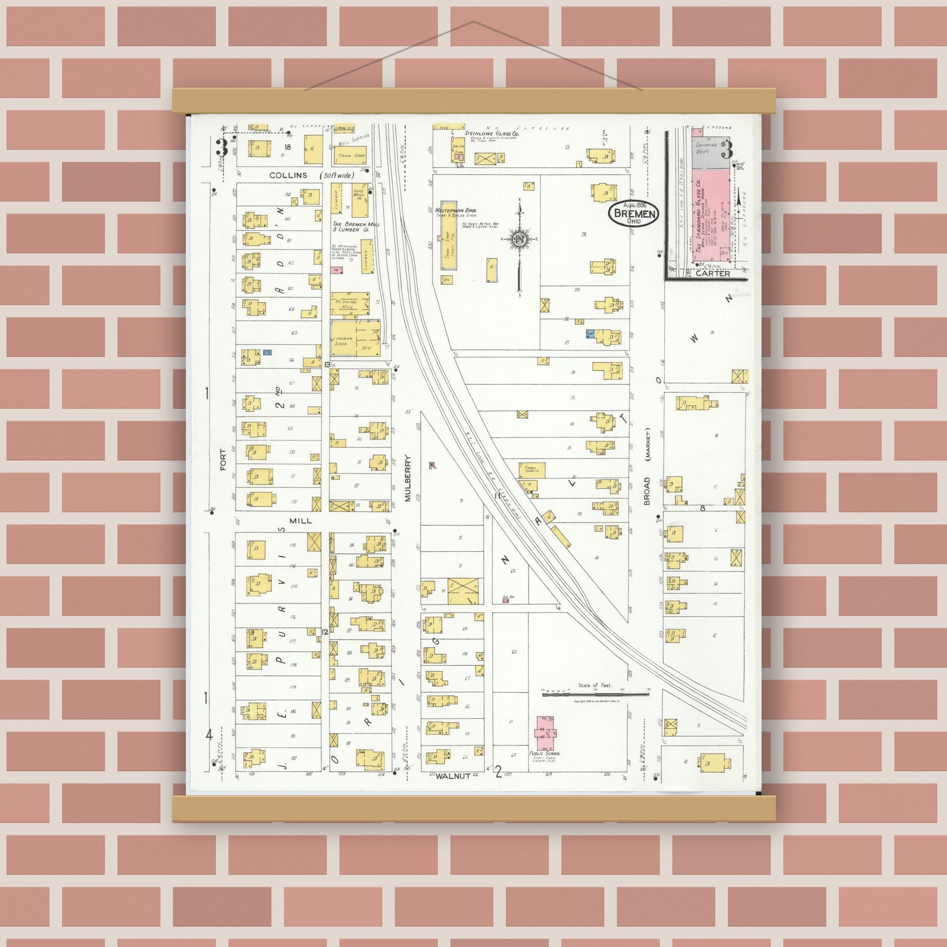 Old map wall art mockup — magnetic wood frame on brick wall — Sanborn Fire Insurance Map from Bremen, Fairfield County, Ohio (1926), Sheet #0003