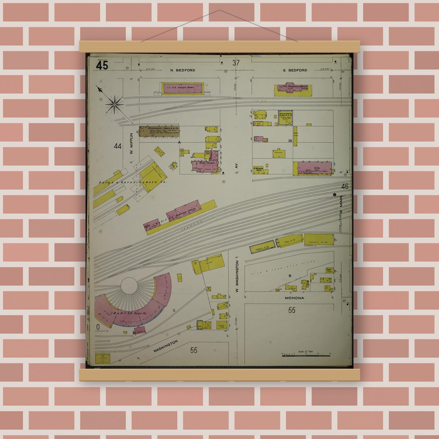 Old map wall art mockup — magnetic wood frame on brick wall — Sanborn Fire Insurance Map from Madison, Dane County, Wisconsin (1908), Sheet #0045