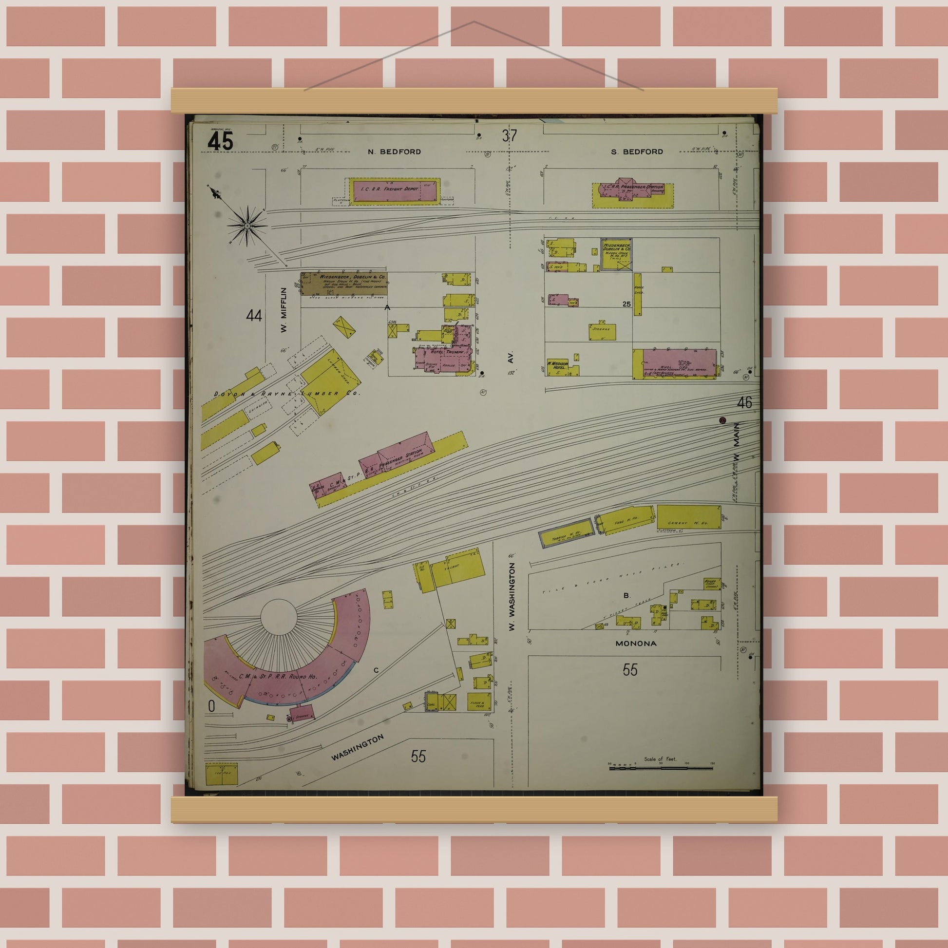 Old map wall art mockup — magnetic wood frame on brick wall — Sanborn Fire Insurance Map from Madison, Dane County, Wisconsin (1908), Sheet #0045