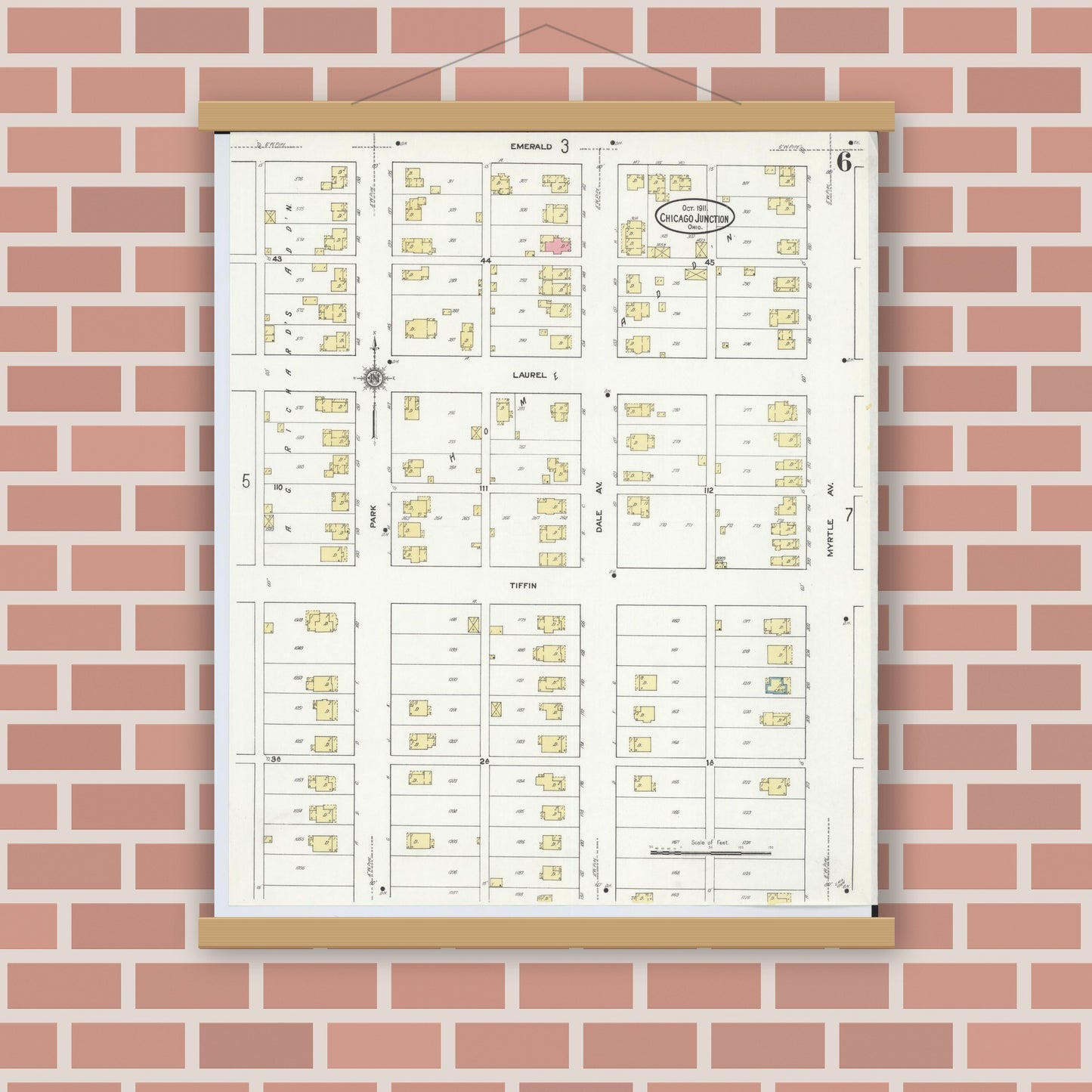 Old map wall art mockup — magnetic wood frame on brick wall — Sanborn Fire Insurance Map from Chicago Junction, Huron County, Ohio (1911), Sheet #0006