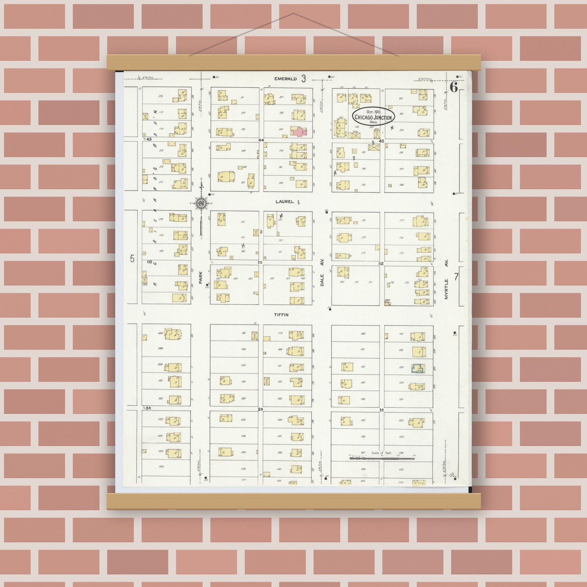 Old map wall art mockup — magnetic wood frame on brick wall — Sanborn Fire Insurance Map from Chicago Junction, Huron County, Ohio (1911), Sheet #0006