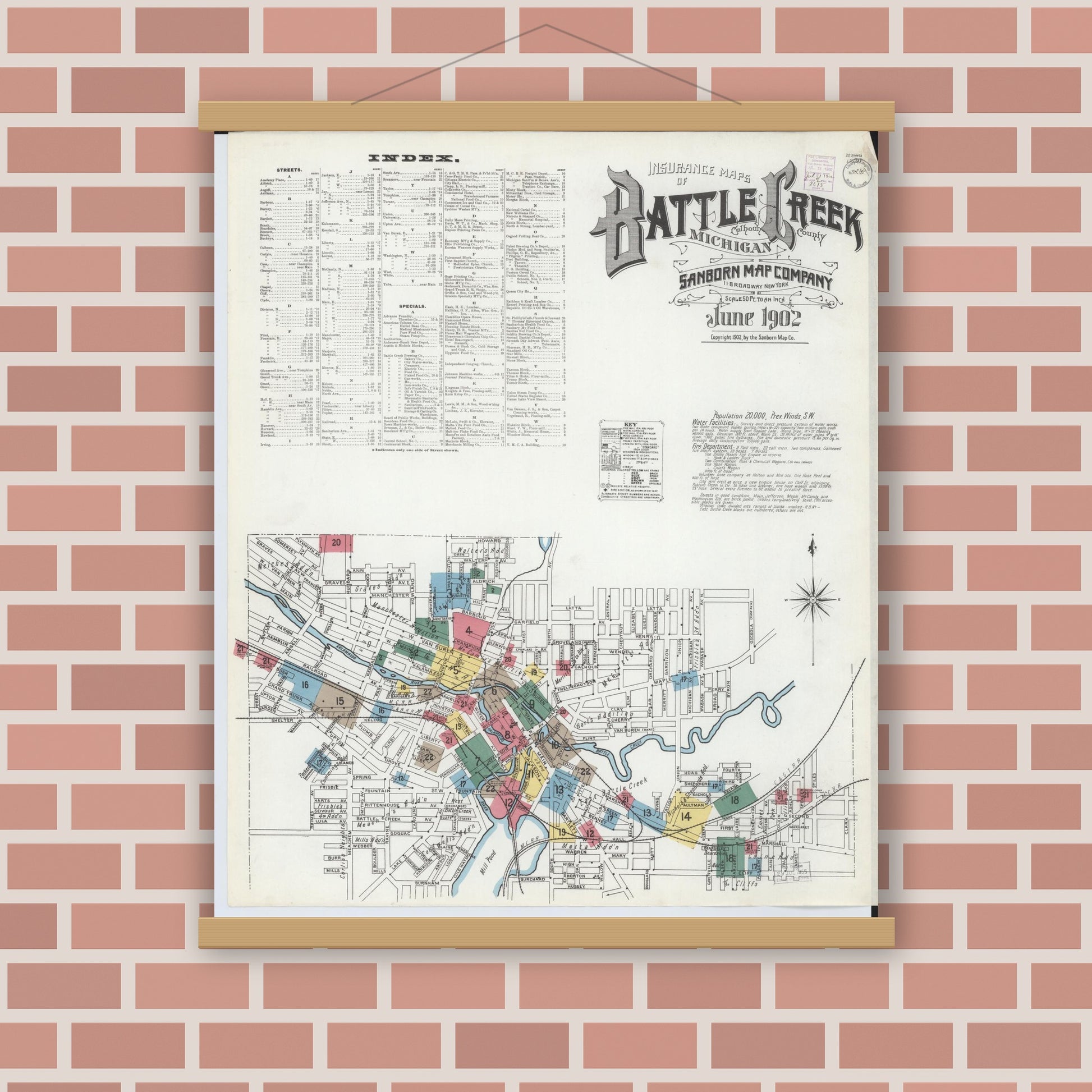 Old map wall art mockup — magnetic wood frame on brick wall — Sanborn Fire Insurance Map from Battle Creek, Calhoun County, Michigan (1902), Sheet #0001