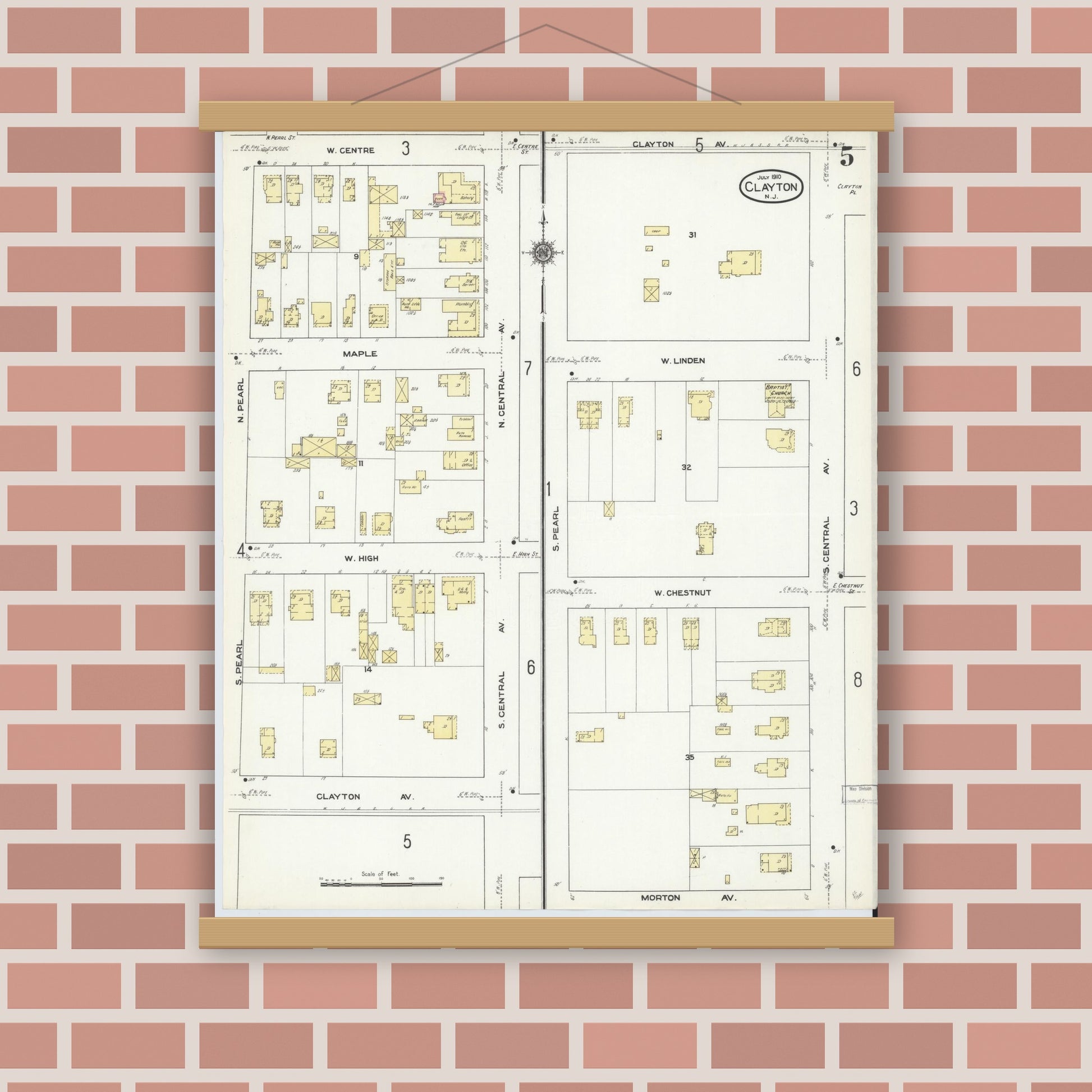 Old map wall art mockup — magnetic wood frame on brick wall — Sanborn Fire Insurance Map from Clayton, Gloucester County, New Jersey (1910), Sheet #0005