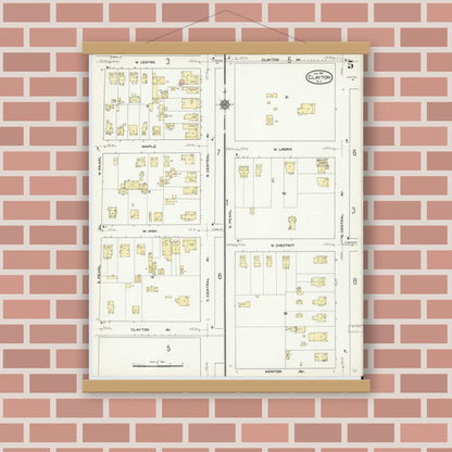 Old map wall art mockup — magnetic wood frame on brick wall — Sanborn Fire Insurance Map from Clayton, Gloucester County, New Jersey (1910), Sheet #0005