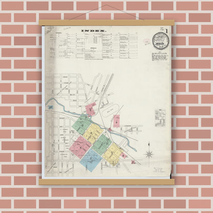 Old map wall art mockup — magnetic wood frame on brick wall — Sanborn Fire Insurance Map from Jackson, Jackson County, Ohio (1897), Sheet #0001