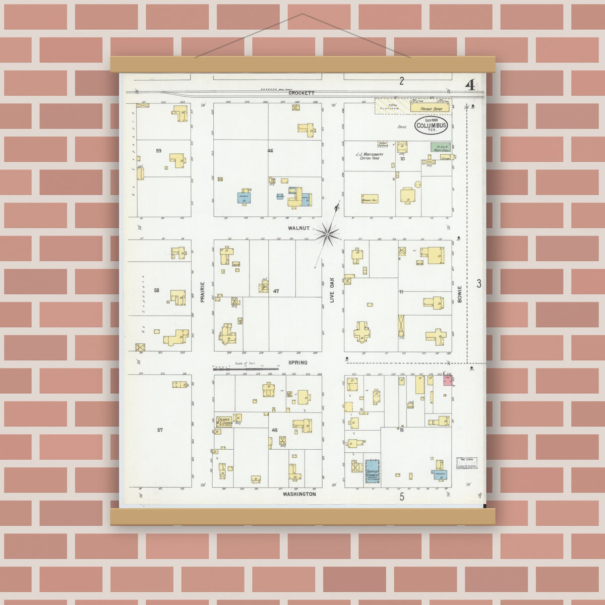 Old map wall art mockup — magnetic wood frame on brick wall — Sanborn Fire Insurance Map from Columbus, Colorado County, Texas (1900), Sheet #0004