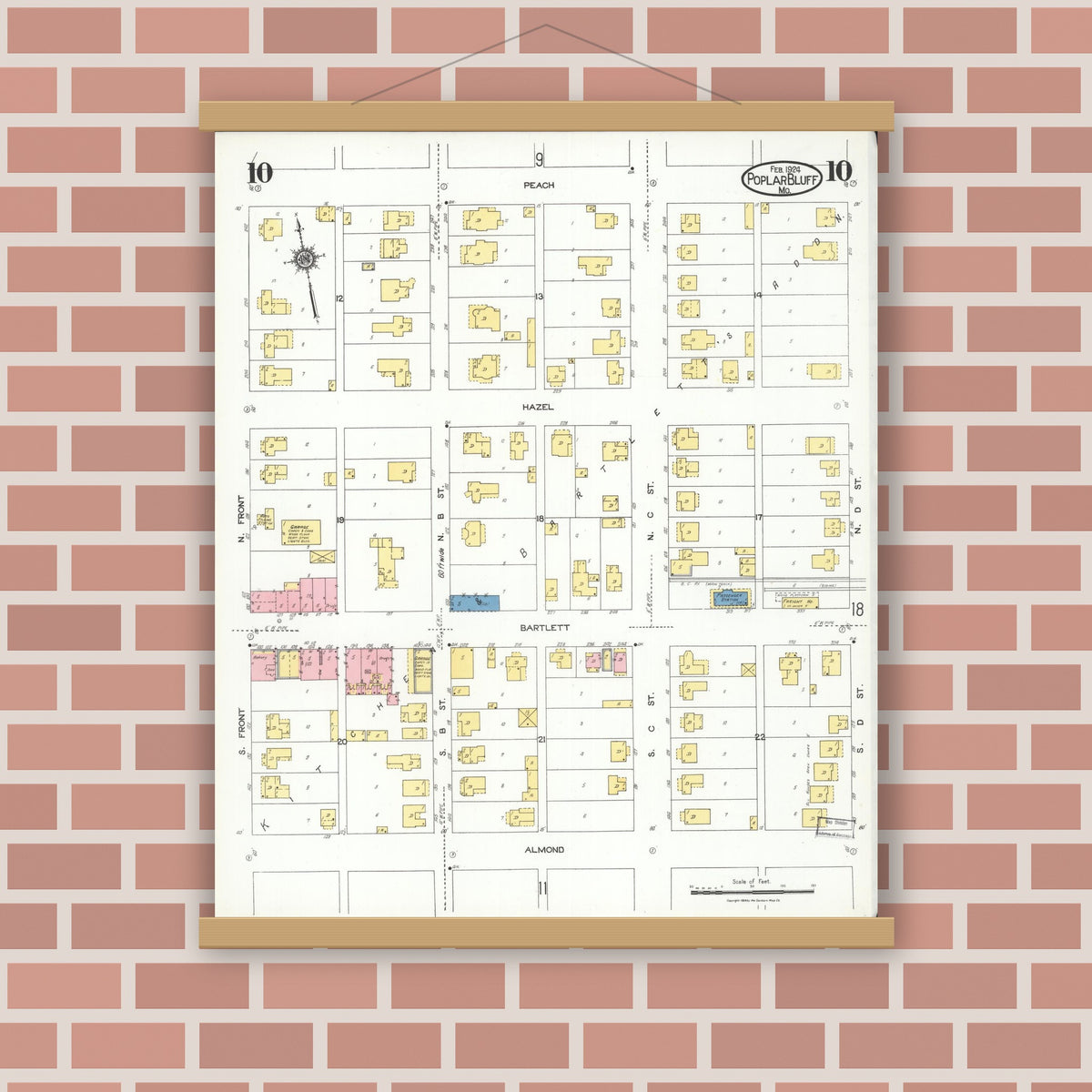 Old map wall art mockup — magnetic wood frame on brick wall — Sanborn Fire Insurance Map from Poplar Bluff, Butler County, Missouri (1924), Sheet #0010