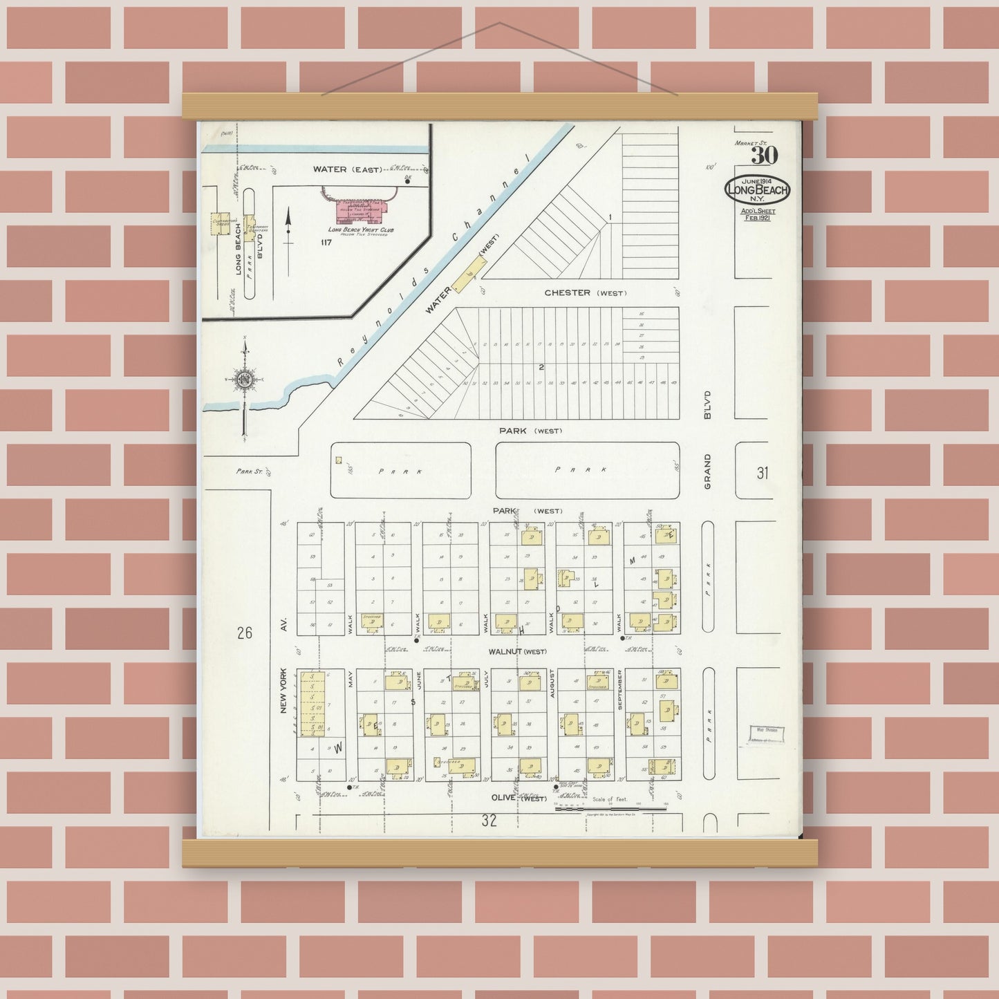 Old map wall art mockup — magnetic wood frame on brick wall — Sanborn Fire Insurance Map from Long Beach, Nassau County, New York (1914), Sheet #0030