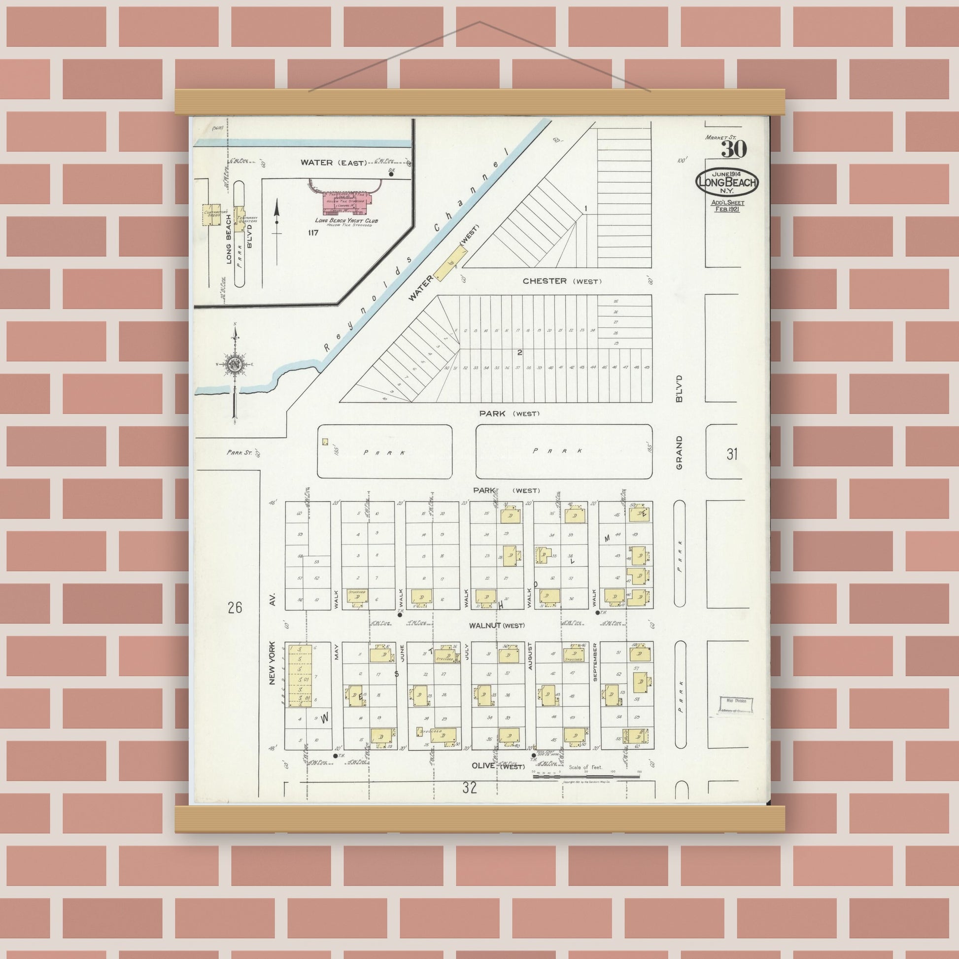 Old map wall art mockup — magnetic wood frame on brick wall — Sanborn Fire Insurance Map from Long Beach, Nassau County, New York (1914), Sheet #0030
