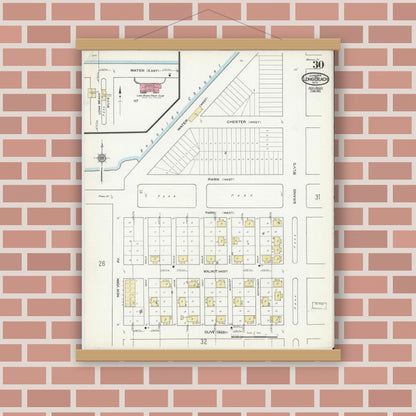 Old map wall art mockup — magnetic wood frame on brick wall — Sanborn Fire Insurance Map from Long Beach, Nassau County, New York (1914), Sheet #0030