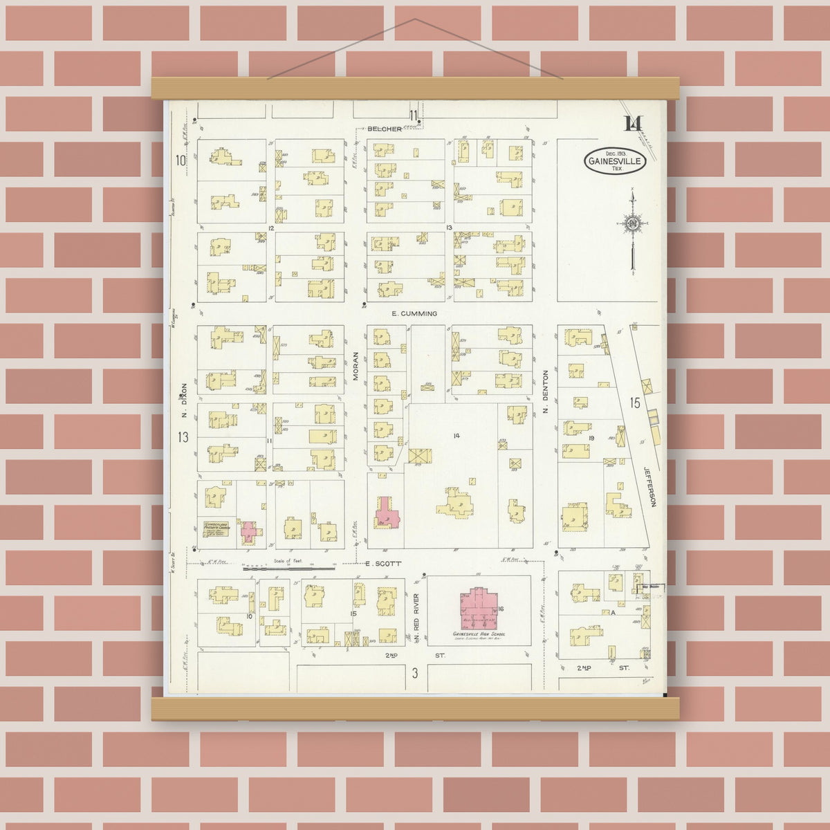 Old map wall art mockup — magnetic wood frame on brick wall — Sanborn Fire Insurance Map from Gainesville, Cooke County, Texas (1913), Sheet #0014