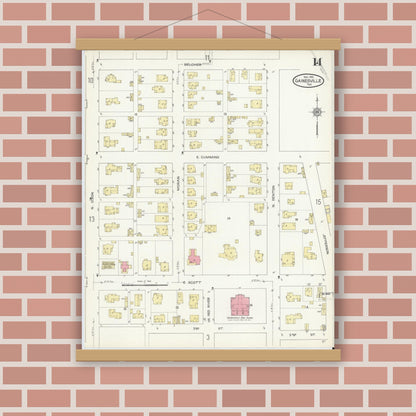 Old map wall art mockup — magnetic wood frame on brick wall — Sanborn Fire Insurance Map from Gainesville, Cooke County, Texas (1913), Sheet #0014