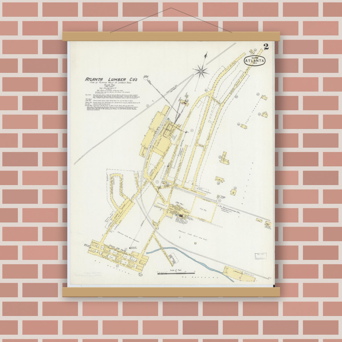 Old map wall art mockup — magnetic wood frame on brick wall — Sanborn Fire Insurance Map from Atlanta, Cass County, Texas (1896), Sheet #0002