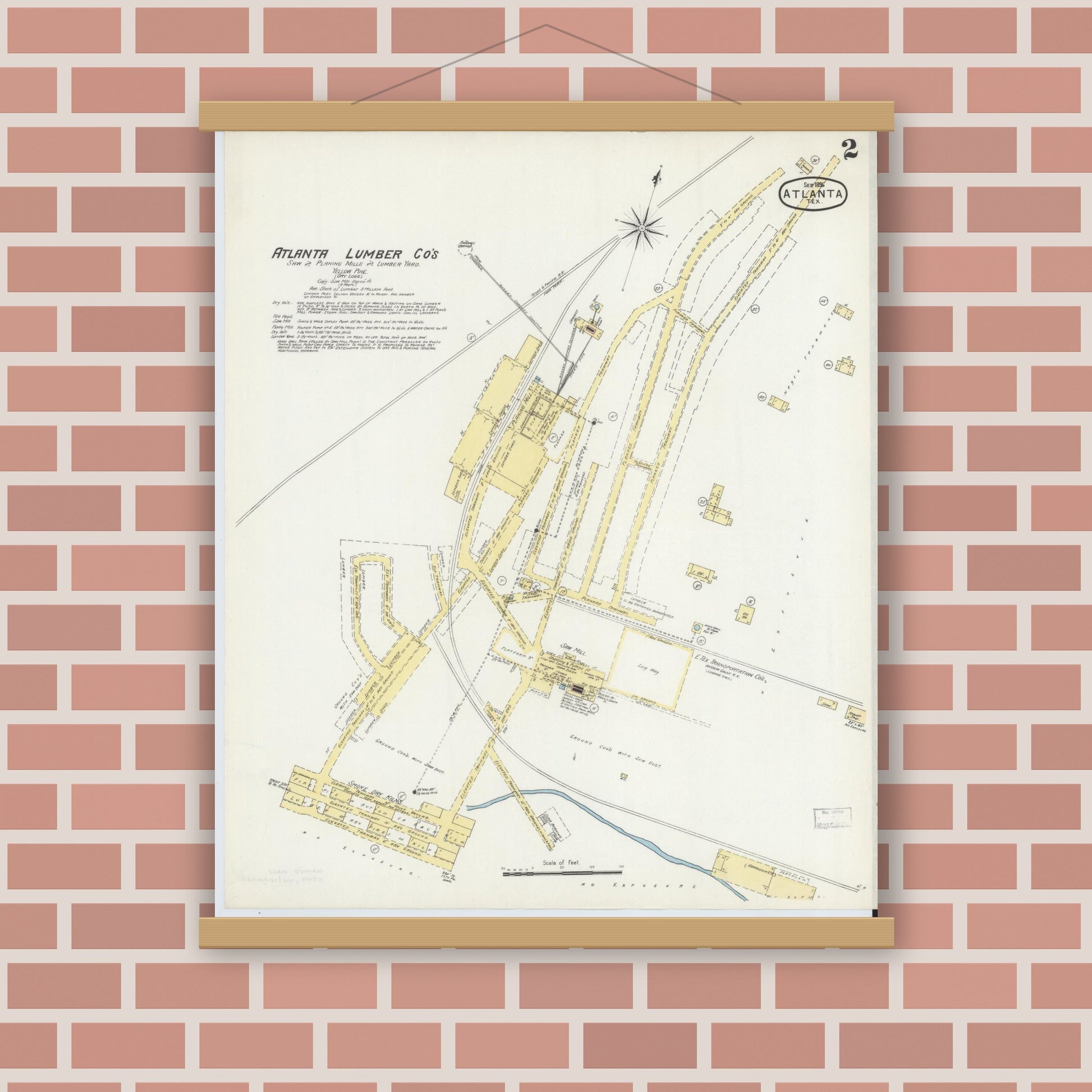 Old map wall art mockup — magnetic wood frame on brick wall — Sanborn Fire Insurance Map from Atlanta, Cass County, Texas (1896), Sheet #0002
