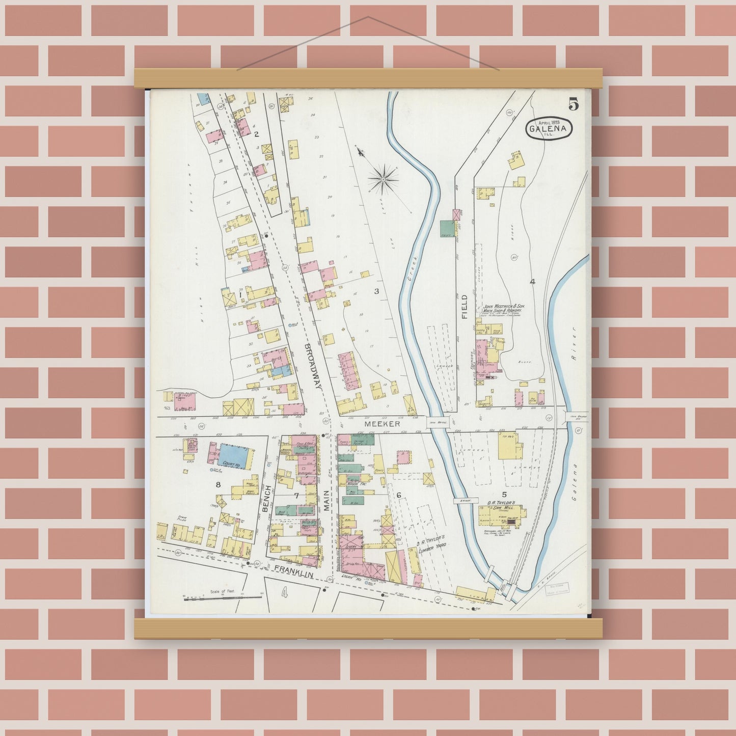 Old map wall art mockup — magnetic wood frame on brick wall — Sanborn Fire Insurance Map from Galena, Jo Daviess County, Illinois (1893), Sheet #0005