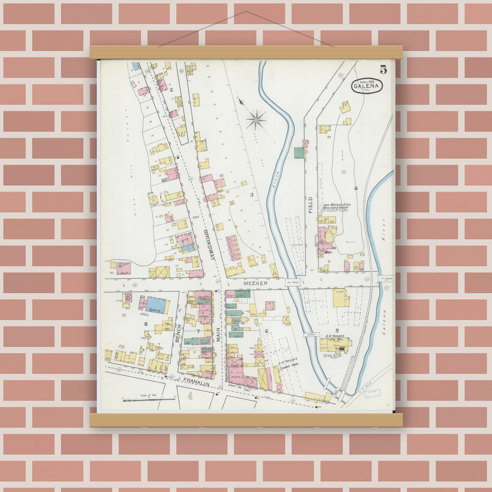 Old map wall art mockup — magnetic wood frame on brick wall — Sanborn Fire Insurance Map from Galena, Jo Daviess County, Illinois (1893), Sheet #0005