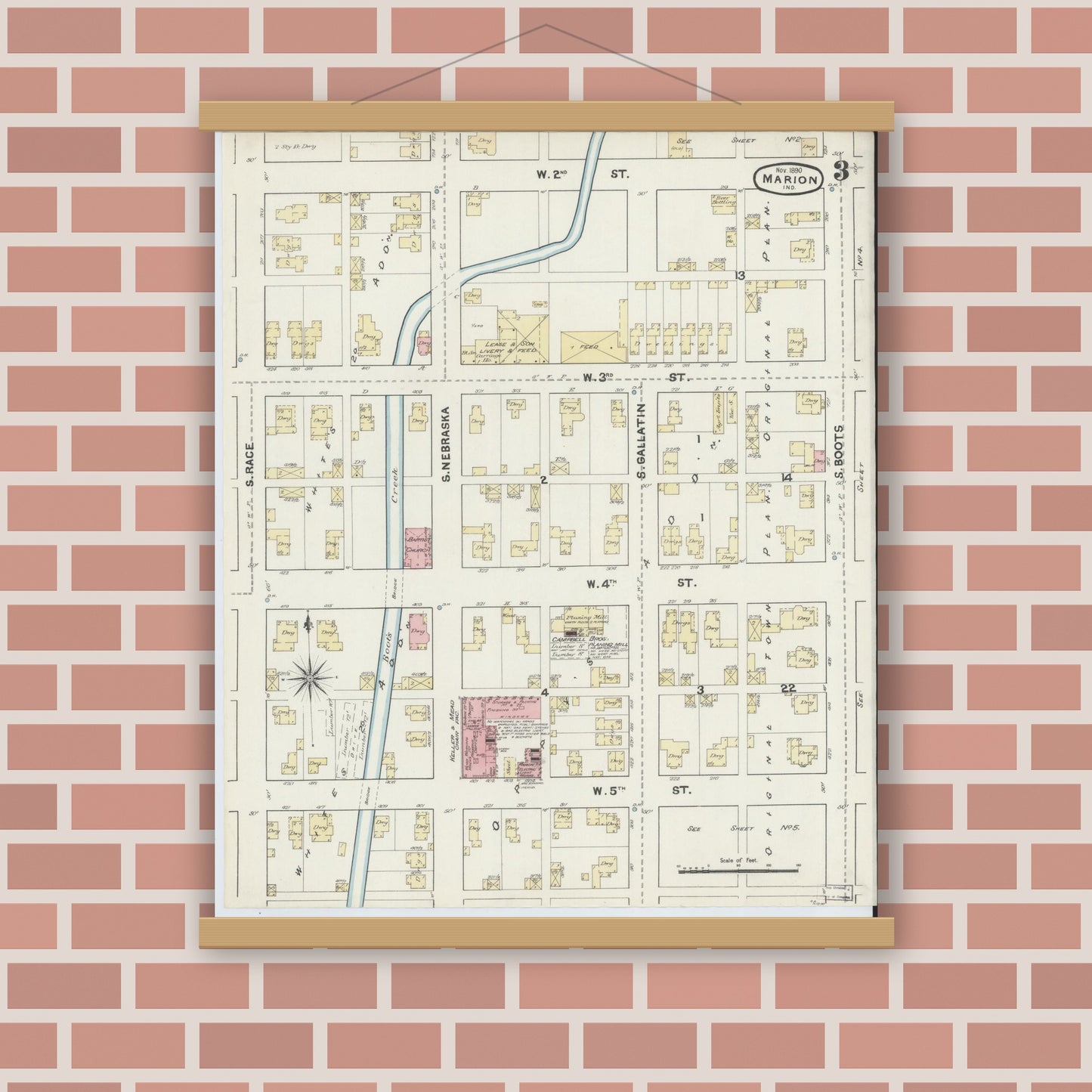 Old map wall art mockup — magnetic wood frame on brick wall — Sanborn Fire Insurance Map from Marion, Grant County, Indiana (1890), Sheet #0003