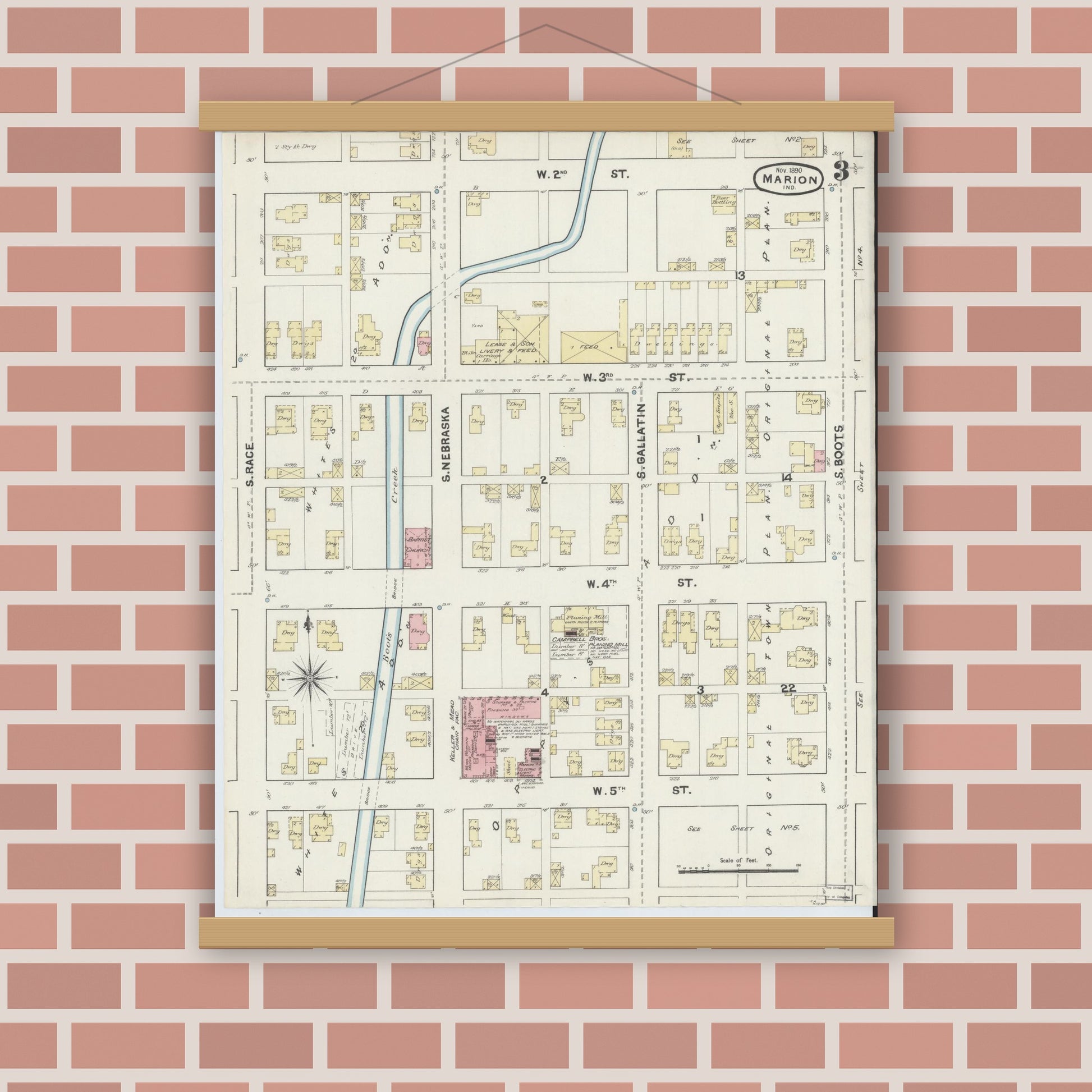 Old map wall art mockup — magnetic wood frame on brick wall — Sanborn Fire Insurance Map from Marion, Grant County, Indiana (1890), Sheet #0003
