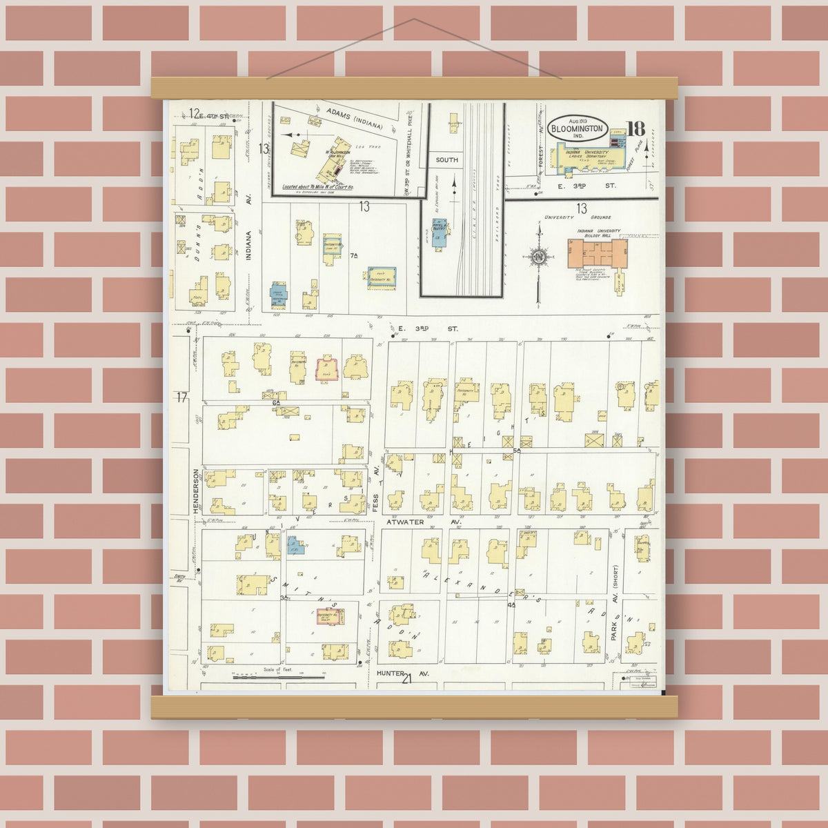 Old map wall art mockup — magnetic wood frame on brick wall — Sanborn Fire Insurance Map from Bloomington, Monroe County, Indiana (1913), Sheet #0018