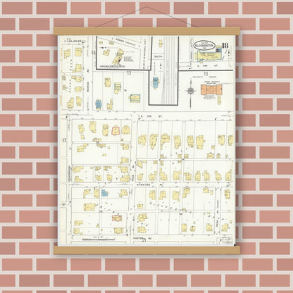 Old map wall art mockup — magnetic wood frame on brick wall — Sanborn Fire Insurance Map from Bloomington, Monroe County, Indiana (1913), Sheet #0018