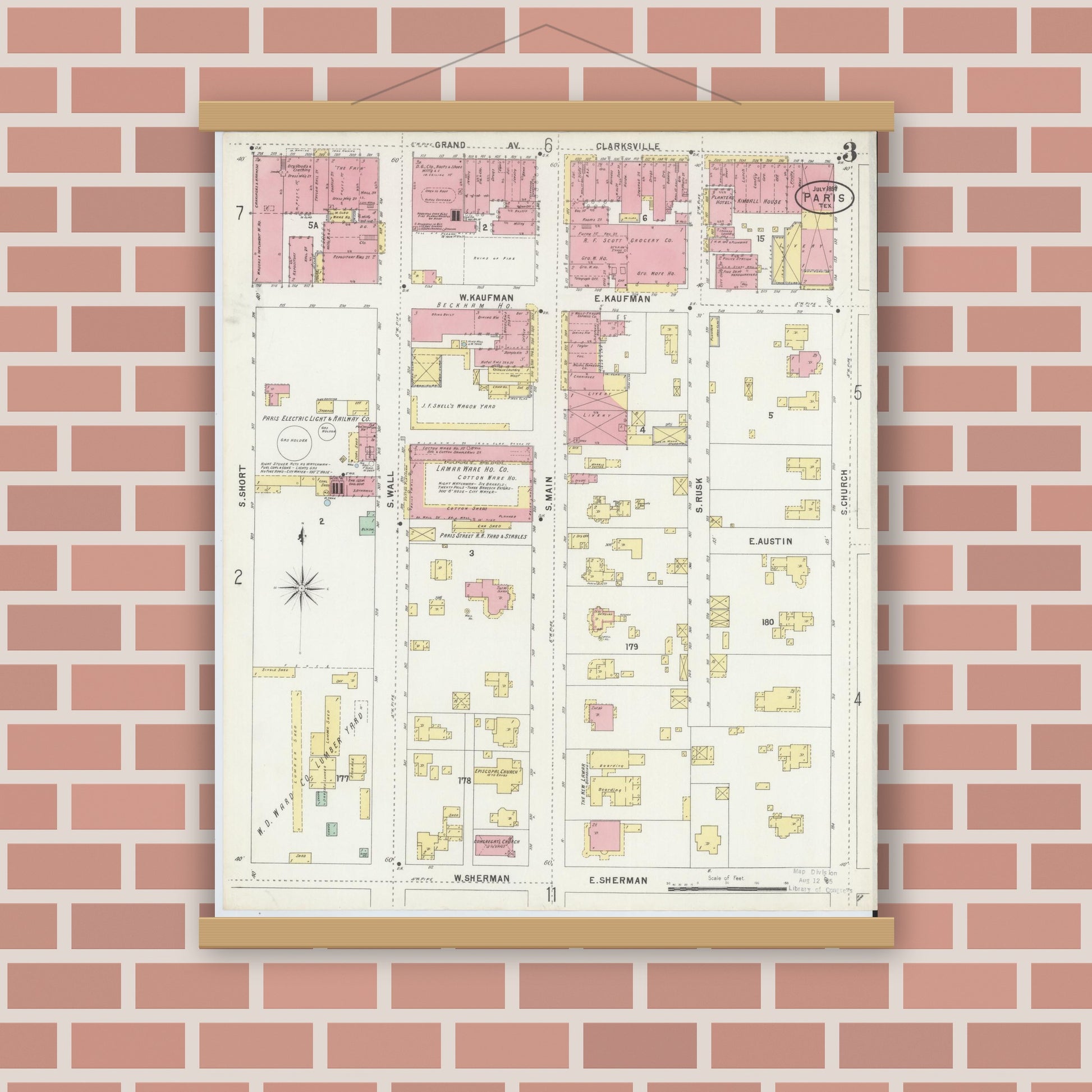 Old map wall art mockup — magnetic wood frame on brick wall — Sanborn Fire Insurance Map from Paris, Lamar County, Texas (1897), Sheet #0003