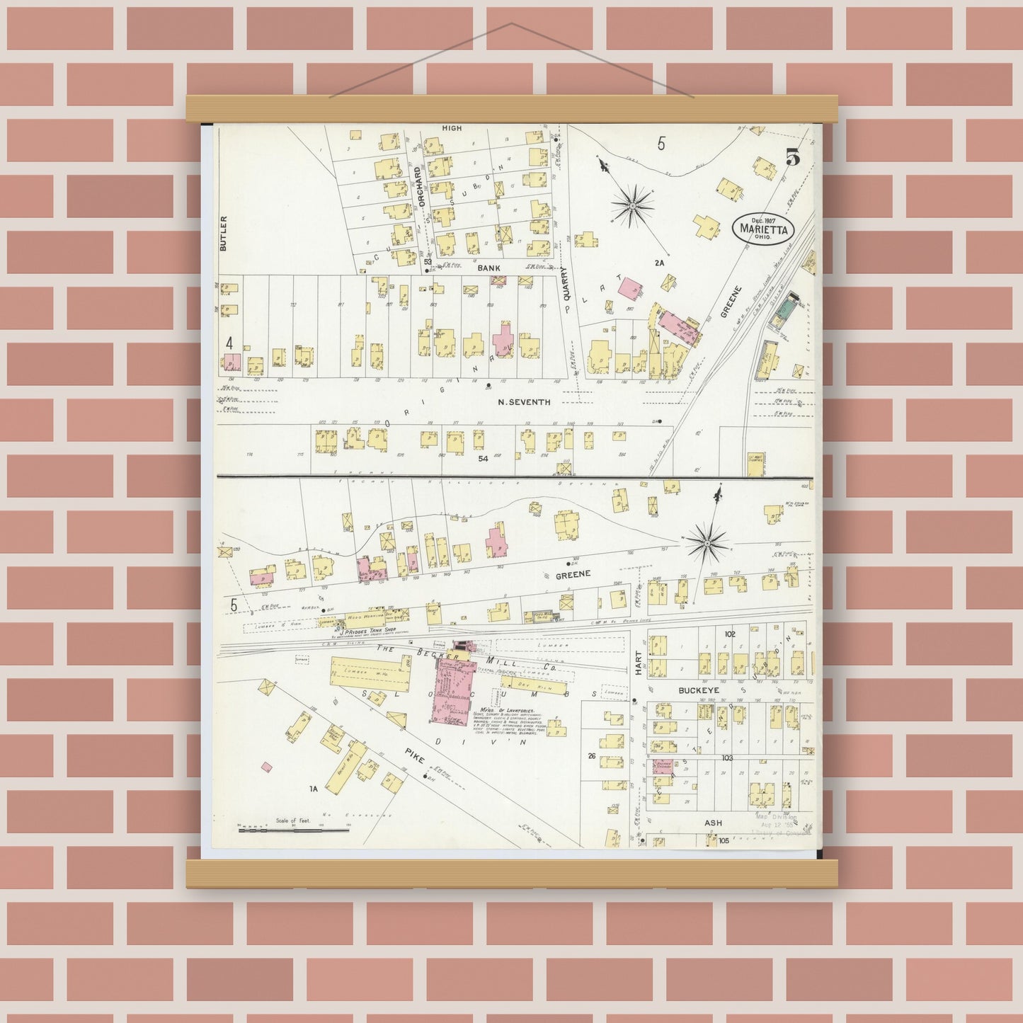 Old map wall art mockup — magnetic wood frame on brick wall — Sanborn Fire Insurance Map from Marietta, Washington County, Ohio (1907), Sheet #0005