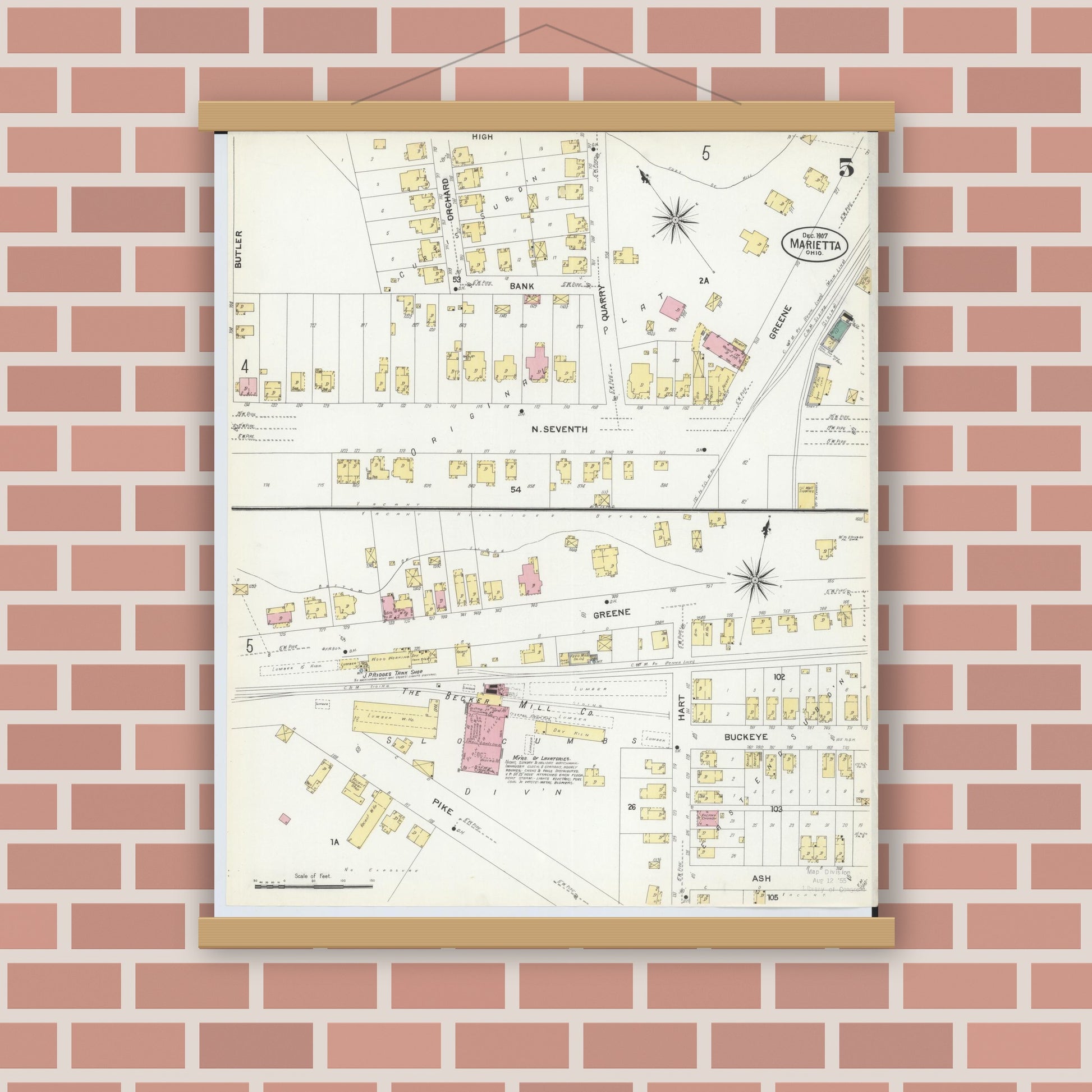 Old map wall art mockup — magnetic wood frame on brick wall — Sanborn Fire Insurance Map from Marietta, Washington County, Ohio (1907), Sheet #0005