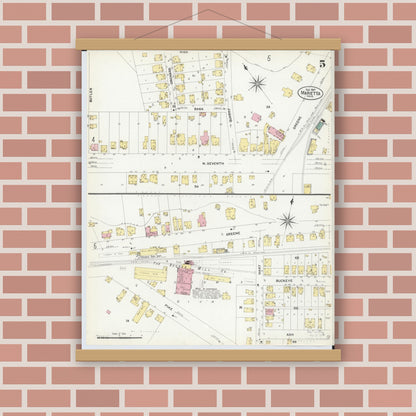 Old map wall art mockup — magnetic wood frame on brick wall — Sanborn Fire Insurance Map from Marietta, Washington County, Ohio (1907), Sheet #0005