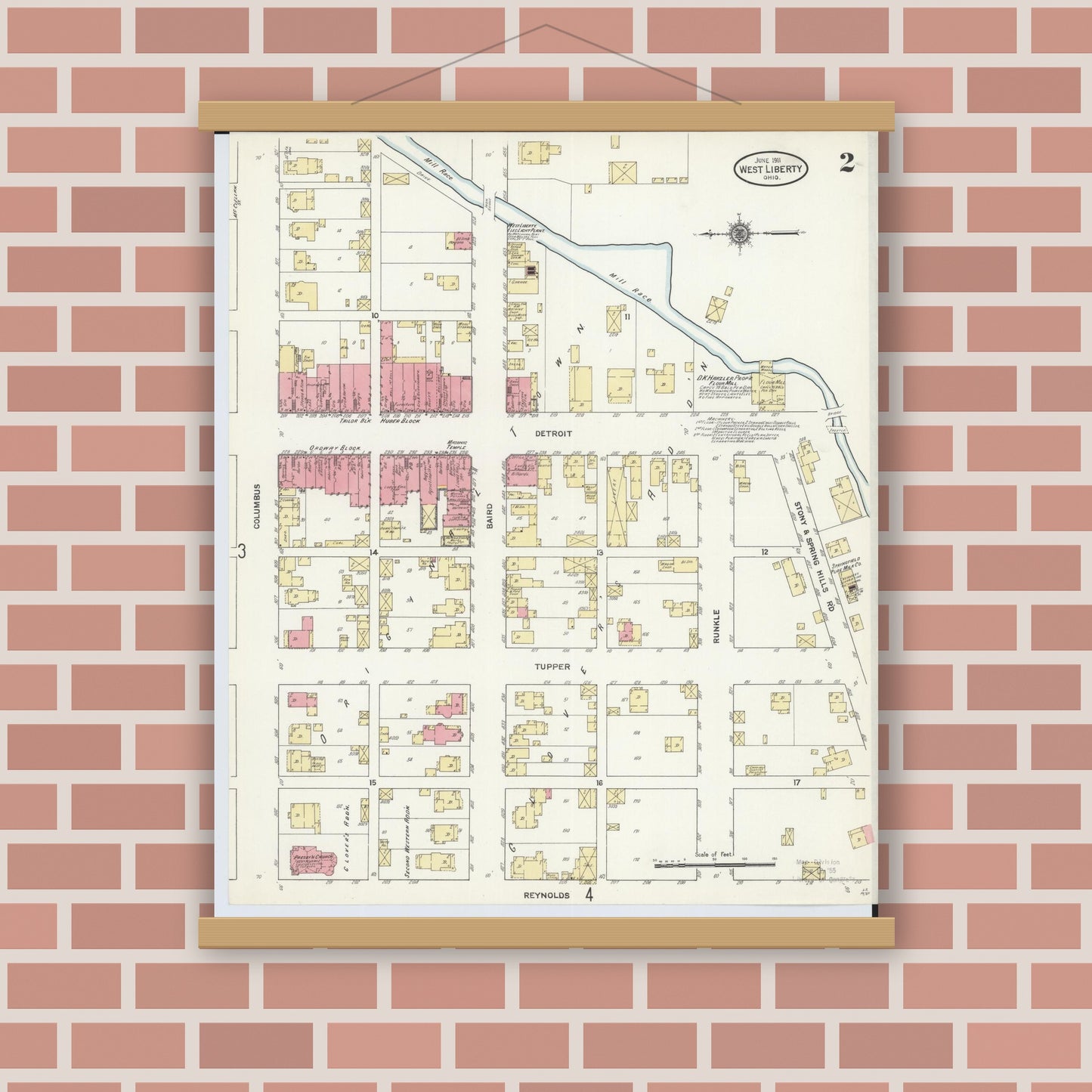 Old map wall art mockup — magnetic wood frame on brick wall — Sanborn Fire Insurance Map from West Liberty, Logan County, Ohio (1911), Sheet #0002