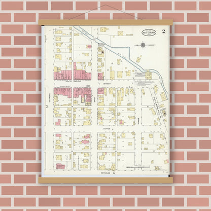 Old map wall art mockup — magnetic wood frame on brick wall — Sanborn Fire Insurance Map from West Liberty, Logan County, Ohio (1911), Sheet #0002