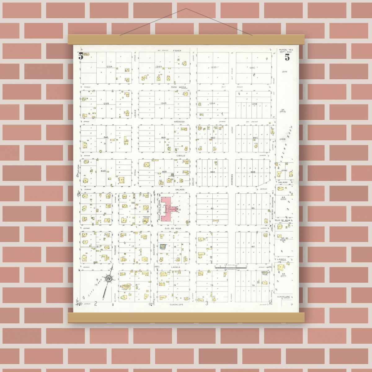 Old map wall art mockup — magnetic wood frame on brick wall — Sanborn Fire Insurance Map from Runge, Karnes County, Texas (1934), Sheet #0005