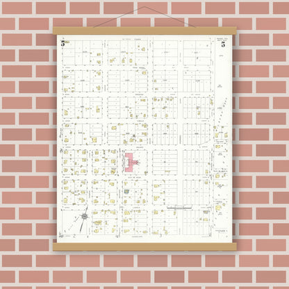 Old map wall art mockup — magnetic wood frame on brick wall — Sanborn Fire Insurance Map from Runge, Karnes County, Texas (1934), Sheet #0005