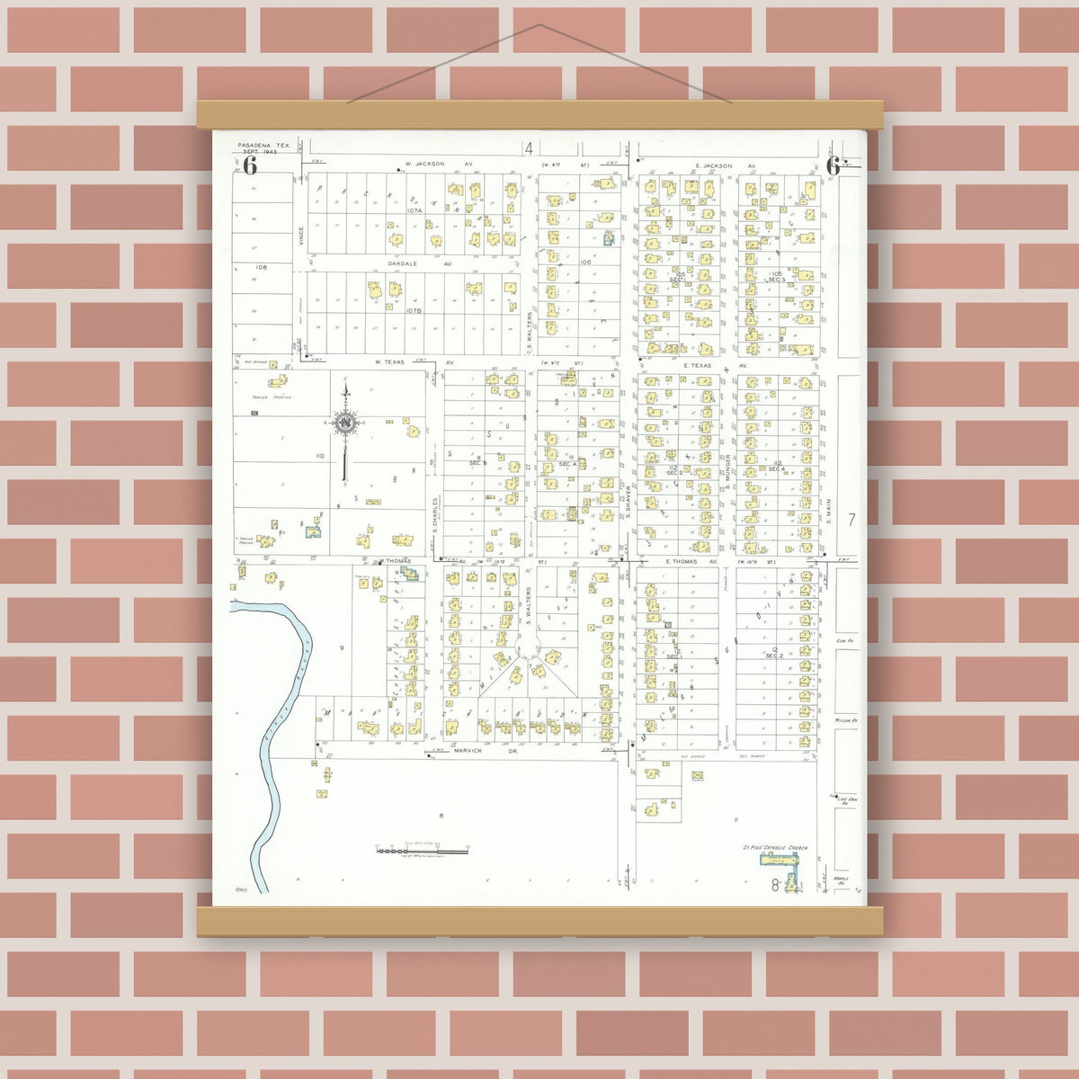 Old map wall art mockup — magnetic wood frame on brick wall — Sanborn Fire Insurance Map from Pasadena, Harris County, Texas (1943), Sheet #0006
