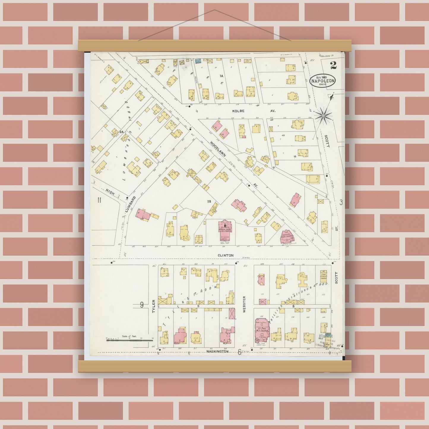 Old map wall art mockup — magnetic wood frame on brick wall — Sanborn Fire Insurance Map from Napoleon, Henry County, Ohio (1905), Sheet #0002
