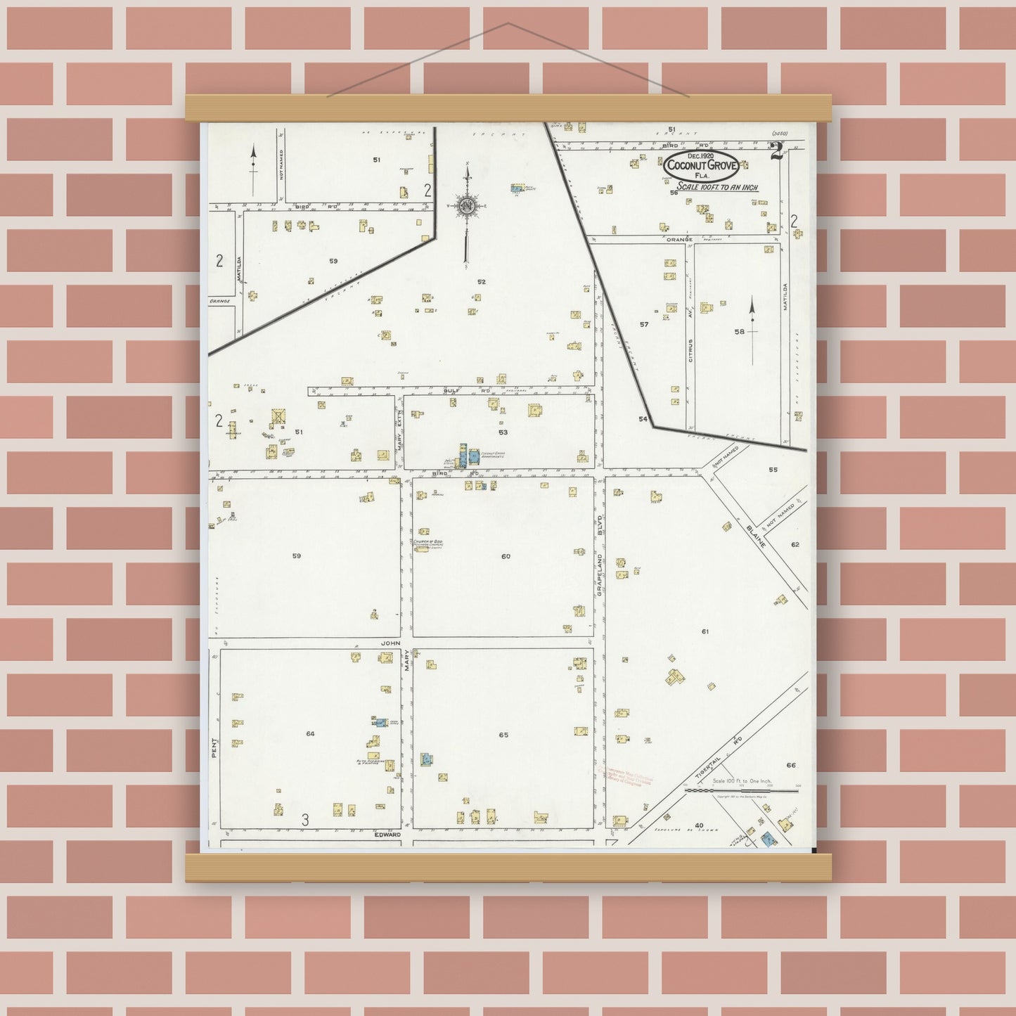 Old map wall art mockup — magnetic wood frame on brick wall — Sanborn Fire Insurance Map from Coconut Grove, Dade County, Florida (1920), Sheet #0002