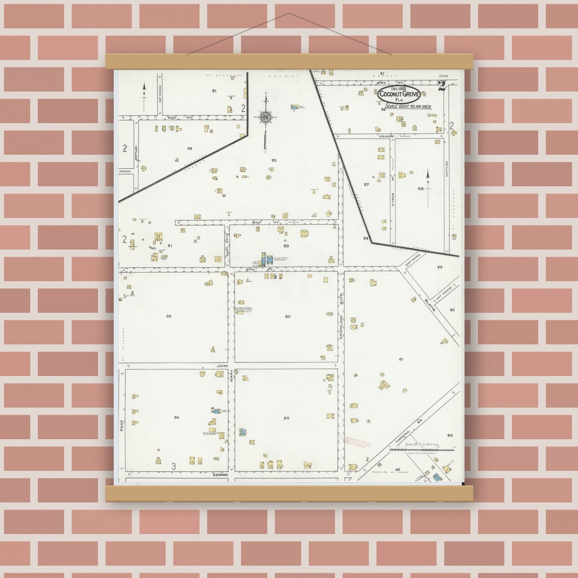 Old map wall art mockup — magnetic wood frame on brick wall — Sanborn Fire Insurance Map from Coconut Grove, Dade County, Florida (1920), Sheet #0002
