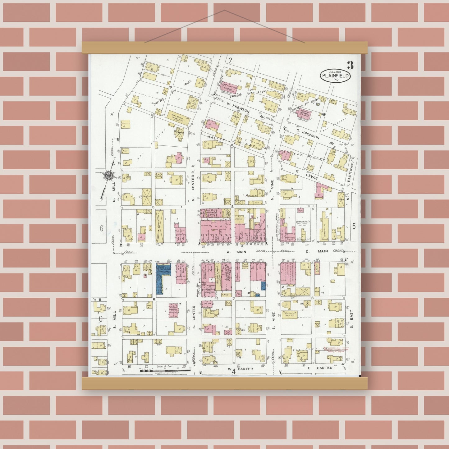 Old map wall art mockup — magnetic wood frame on brick wall — Sanborn Fire Insurance Map from Plainfield, Hendricks County, Indiana (1920), Sheet #0003
