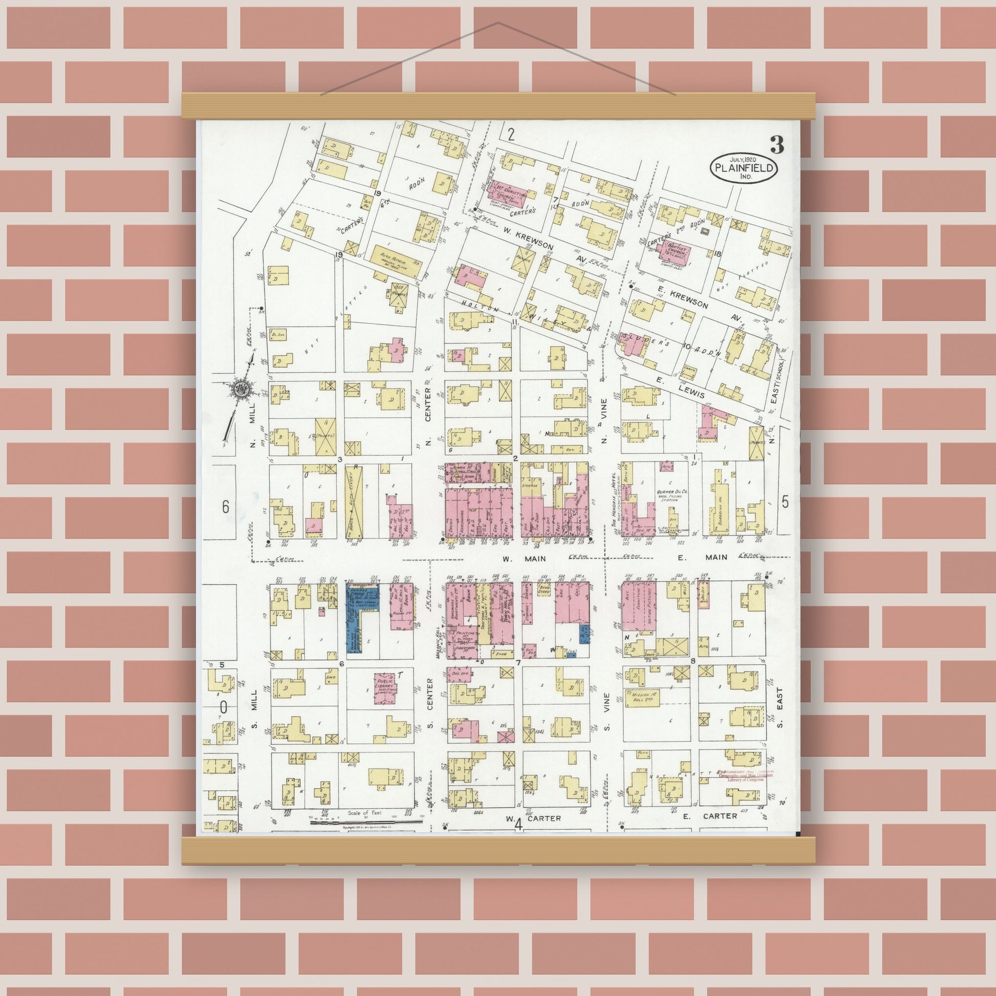 Old map wall art mockup — magnetic wood frame on brick wall — Sanborn Fire Insurance Map from Plainfield, Hendricks County, Indiana (1920), Sheet #0003