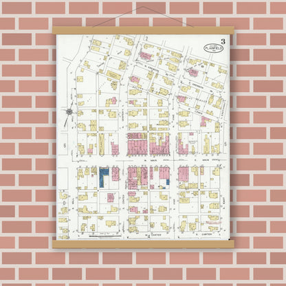 Old map wall art mockup — magnetic wood frame on brick wall — Sanborn Fire Insurance Map from Plainfield, Hendricks County, Indiana (1920), Sheet #0003
