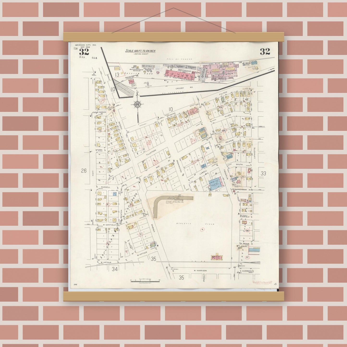 Old map wall art mockup — magnetic wood frame on brick wall — Sanborn Fire Insurance Map from Michigan City, La Porte County, Indiana (1948), Sheet #0032