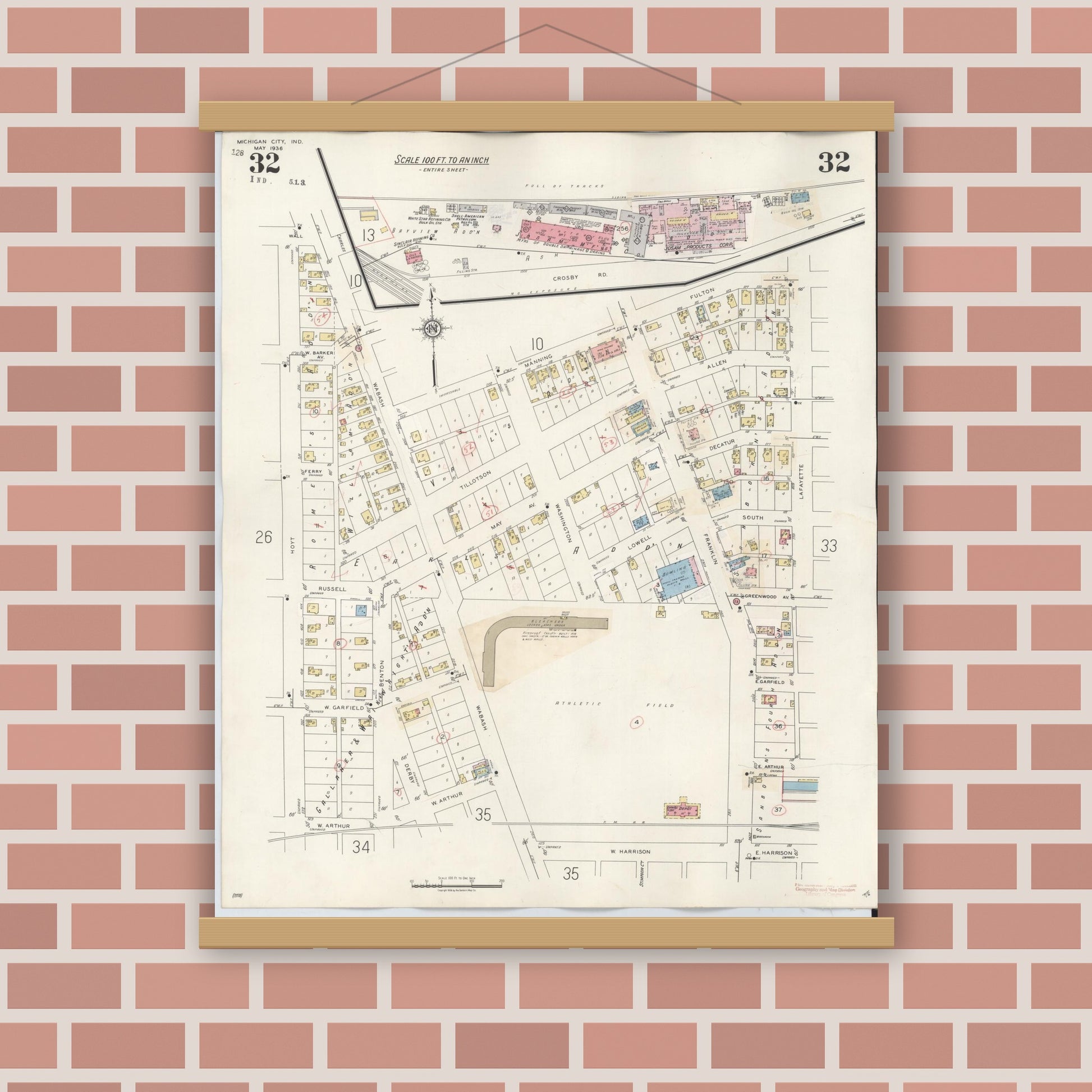 Old map wall art mockup — magnetic wood frame on brick wall — Sanborn Fire Insurance Map from Michigan City, La Porte County, Indiana (1948), Sheet #0032