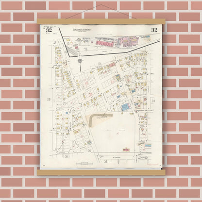 Old map wall art mockup — magnetic wood frame on brick wall — Sanborn Fire Insurance Map from Michigan City, La Porte County, Indiana (1948), Sheet #0032