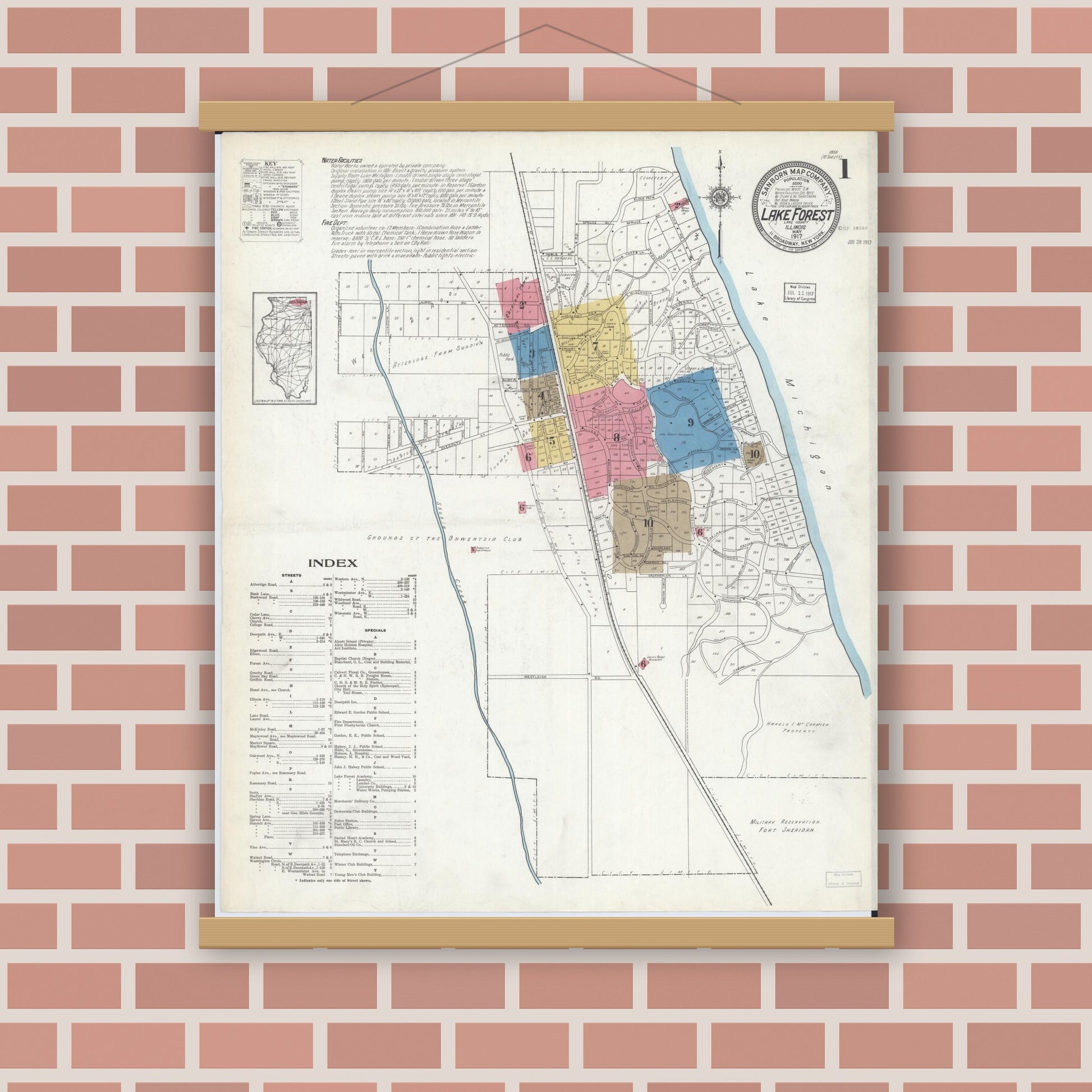 Old map wall art mockup — magnetic wood frame on brick wall — Sanborn Fire Insurance Map from Lake Forest, Lake County, Illinois (1917), Sheet #0001