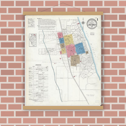 Old map wall art mockup — magnetic wood frame on brick wall — Sanborn Fire Insurance Map from Lake Forest, Lake County, Illinois (1917), Sheet #0001