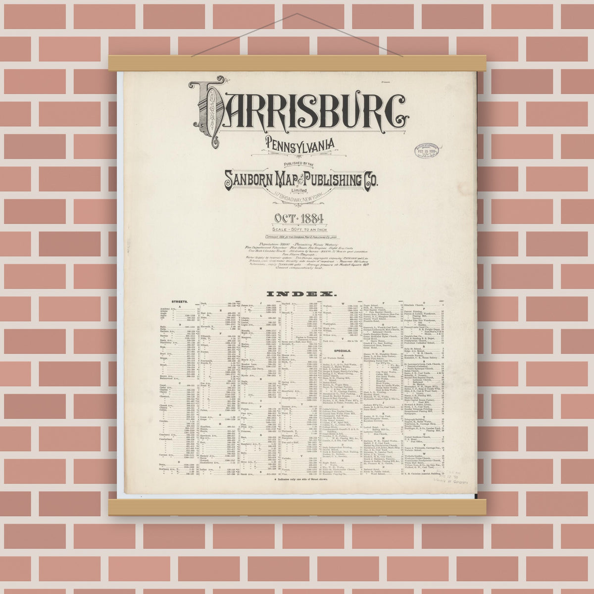 Old map wall art mockup — magnetic wood frame on brick wall — Sanborn Fire Insurance Map from Harrisburg, Dauphin County, Pennsylvania (1884), Sheet #0001